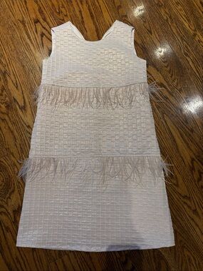 Sleeveless Textured Feather-Trim Shift Dress — Light Blush